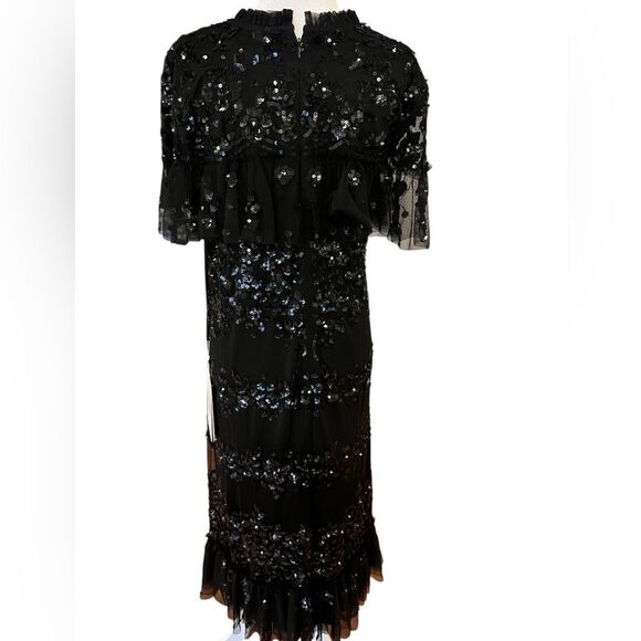 NWT MAC DUGGAL Black Sequined High Neck Ruffled Flutter Sleeve Midi Dress sz 12 - Picture 10 of 13